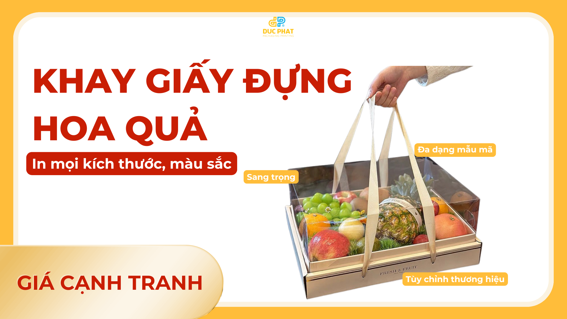 khay giấy nắp mica, quai lụa cao cấp đựng hoa quả sang trọng tinh tế